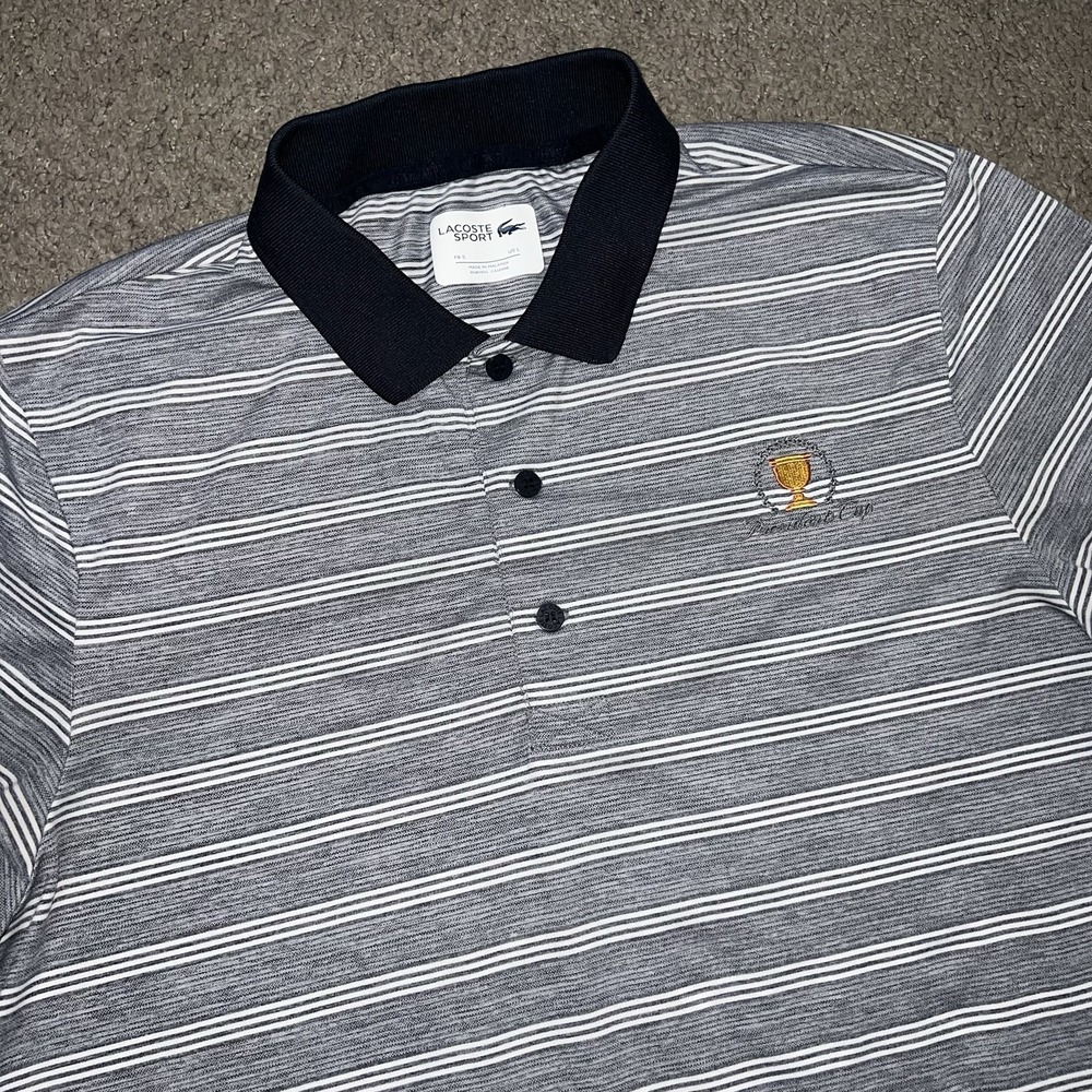 Lacoste Sport Polo Shirt Mens L Gray Striped Jersey Golf Trophy Logo Casual